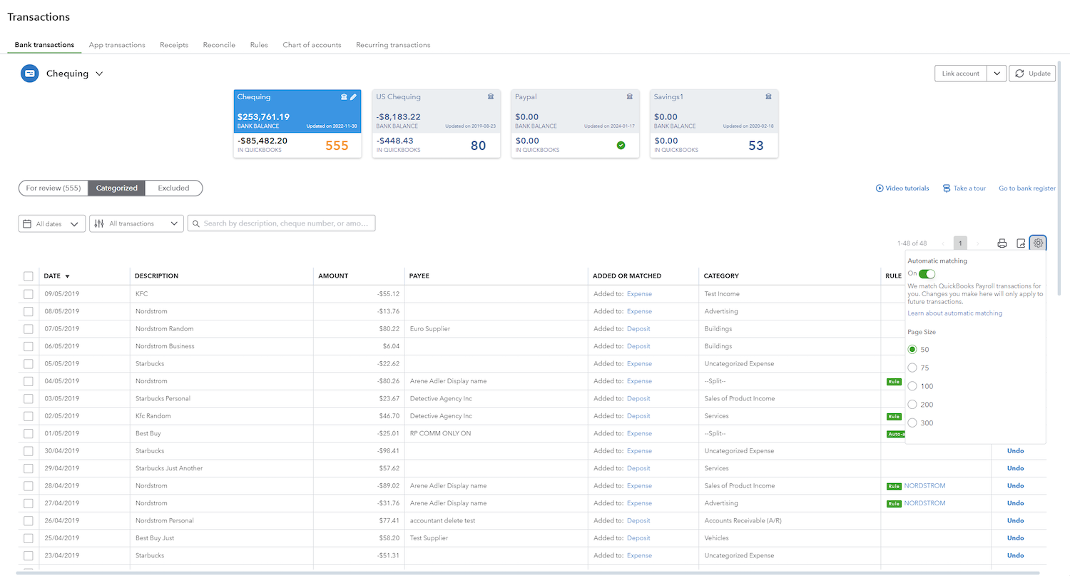 Quickbooks transactions